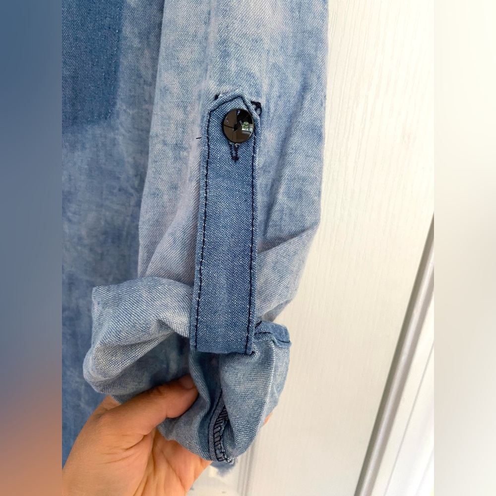 KROIX Cotton Rhinestones Details Raw Hem Hi Lo Denim Button-Up Shirt Dress Sz M - Picture 4 of 17
